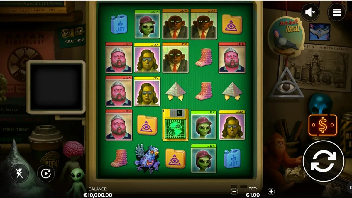 Tampilan layar Truth Slot dengan tema konspirasi, monitor komputer retro, dan simbol-simbol misterius.