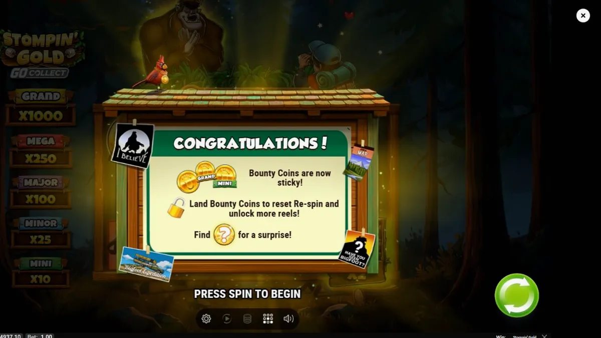 Pemandangan hutan petualangan dalam slot Stompin’ Gold GO Collect dengan karakter yeti
