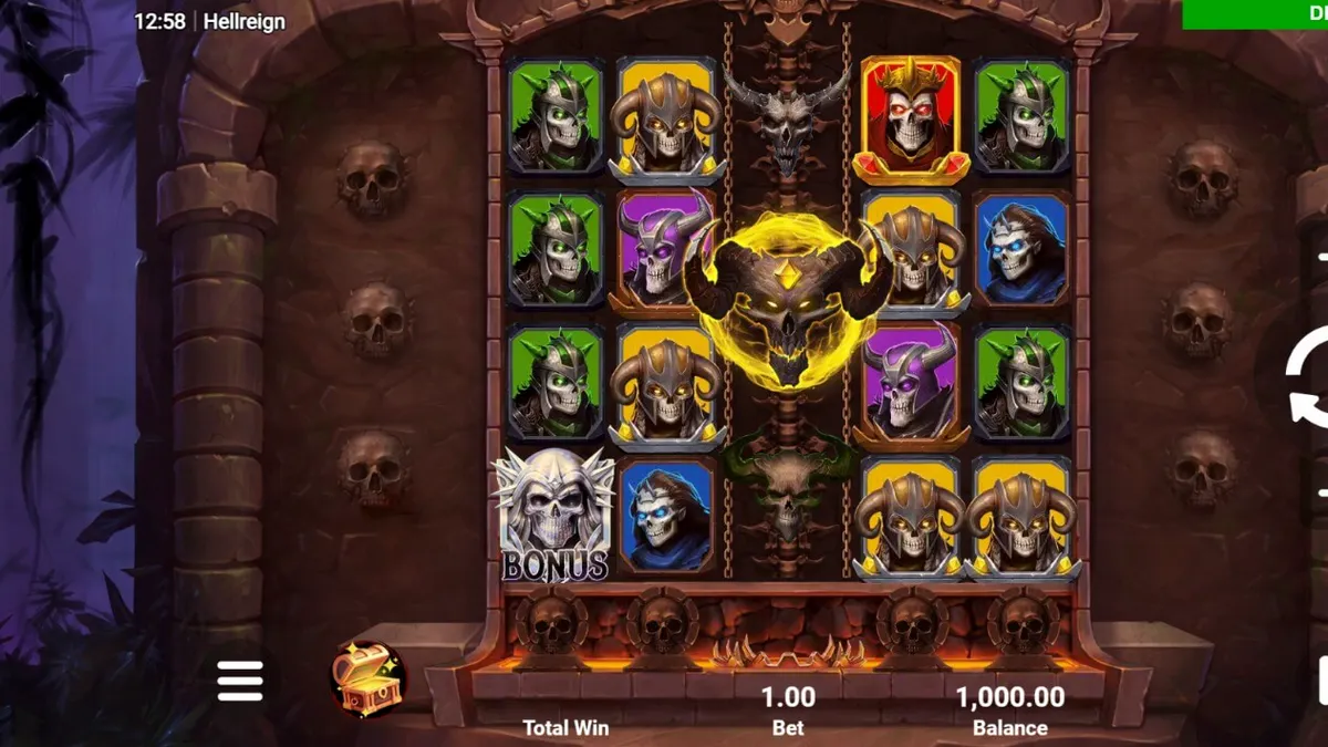 Tampilan visual slot Hellreign Scatter Magnet dengan tema neraka dan simbol iblis